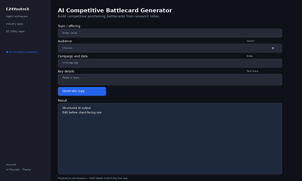 Example workspace for AI Competitive Battlecard Generator with labeled fields