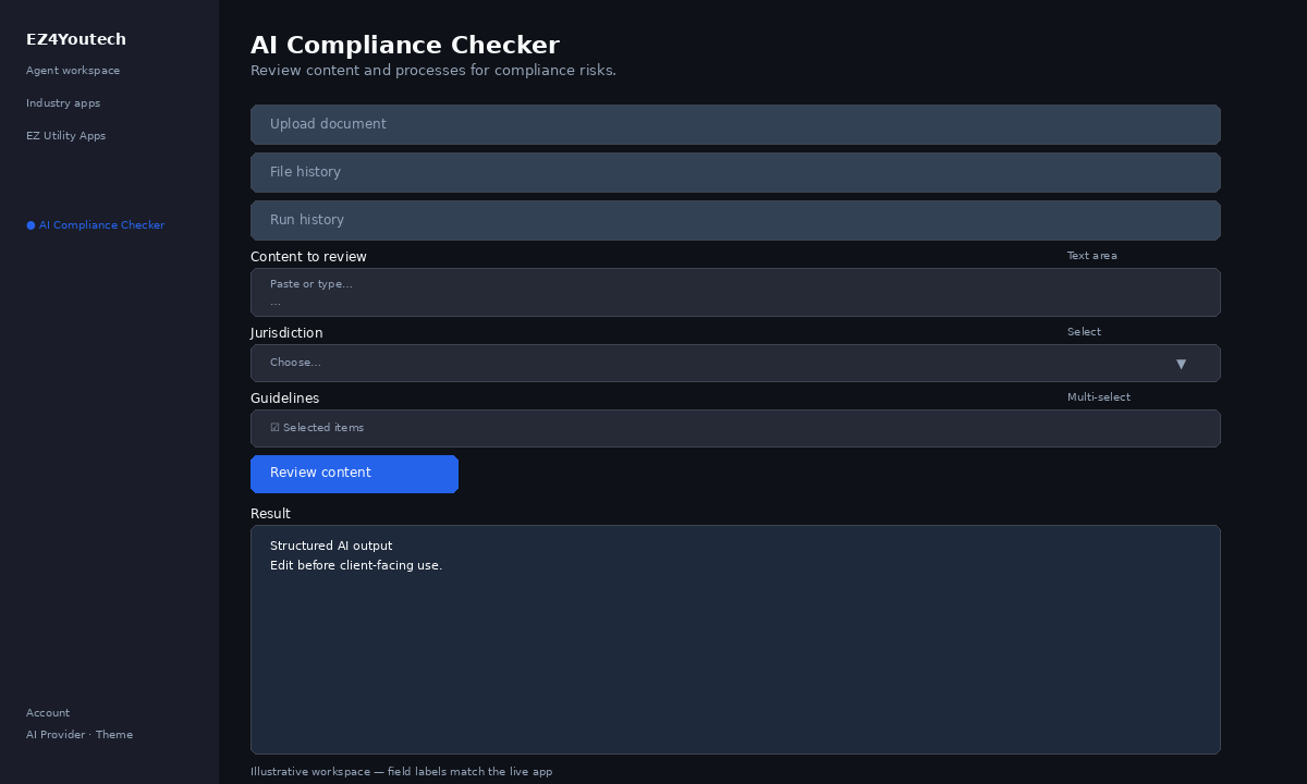 Example workspace for AI Compliance Checker with labeled fields