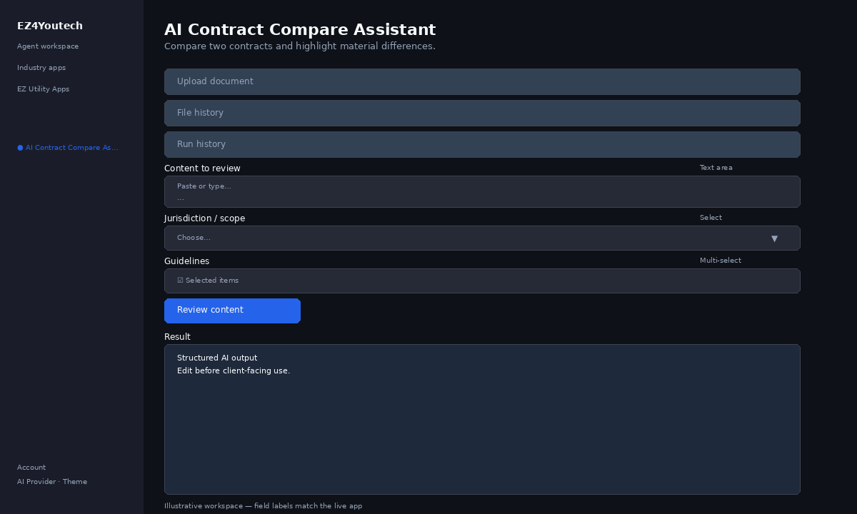 Example workspace for AI Contract Compare Assistant with labeled fields