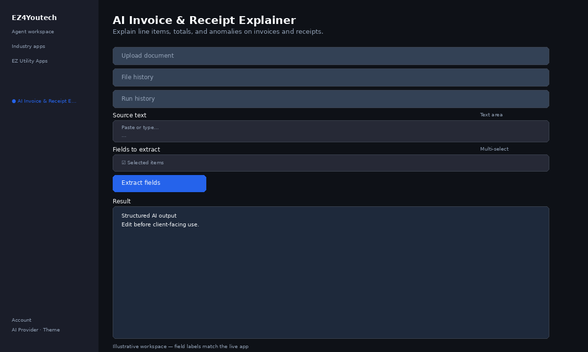 Example workspace for AI Invoice & Receipt Explainer with labeled fields