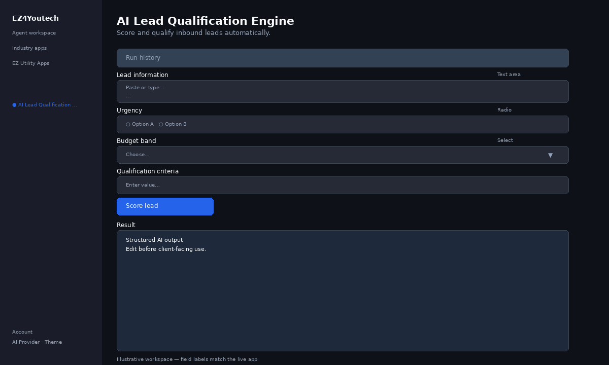 Example workspace for AI Lead Qualification Engine with labeled fields