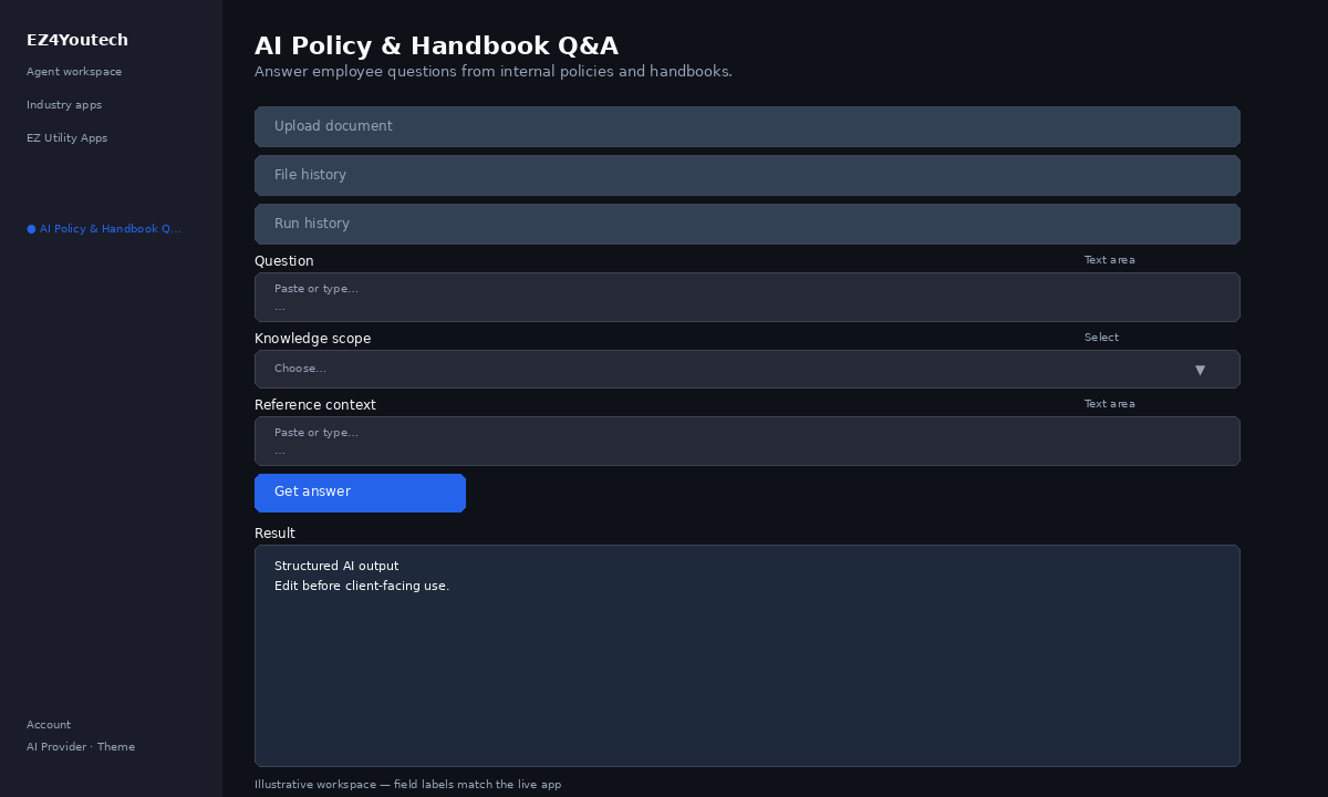 Example workspace for AI Policy & Handbook Q&A with labeled fields