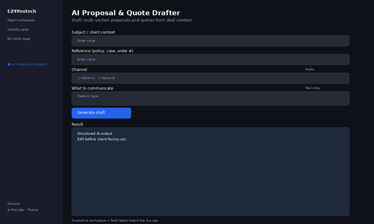 Example workspace for AI Proposal & Quote Drafter with labeled fields