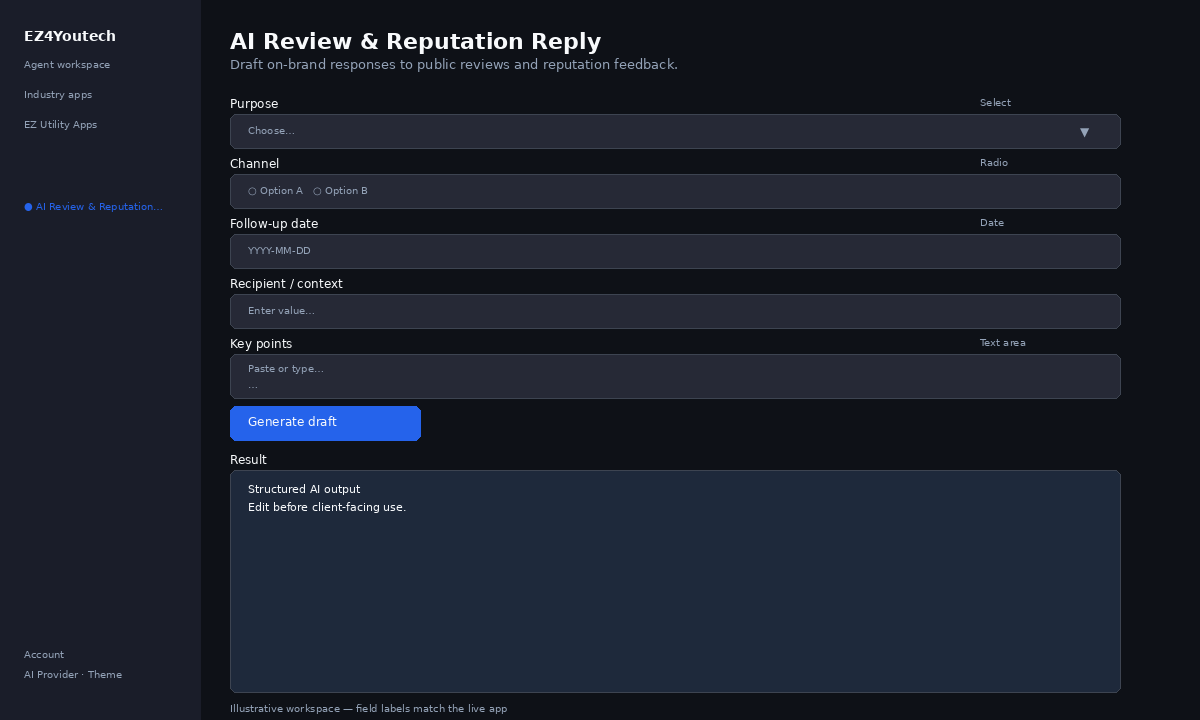 Example workspace for AI Review & Reputation Reply with labeled fields