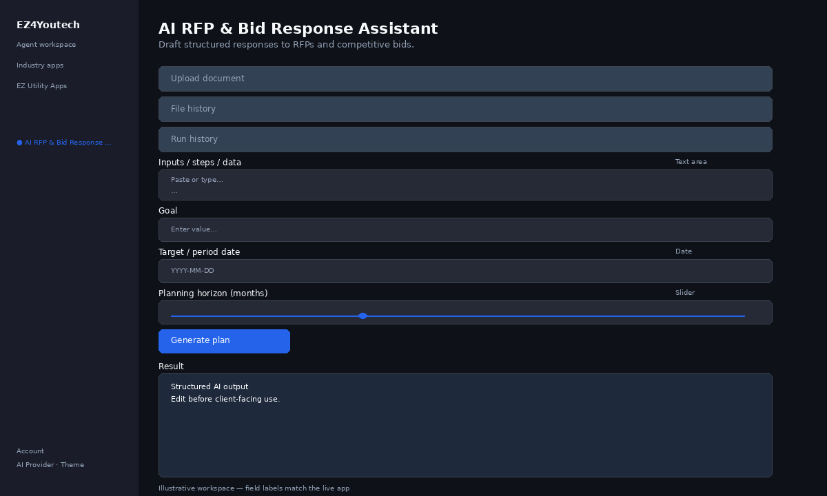 Example workspace for AI RFP & Bid Response Assistant with labeled fields