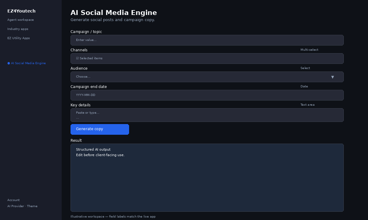AI Social Media Engine multi-channel draft workspace