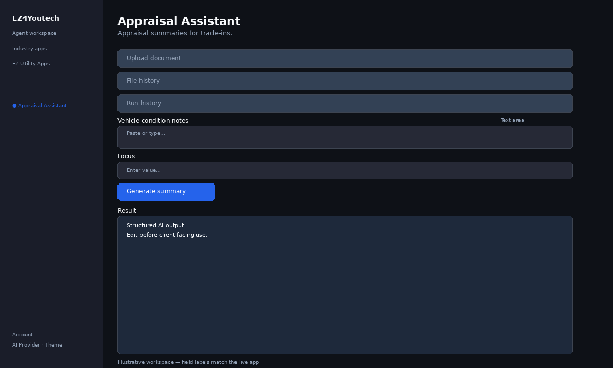 Example workspace for Appraisal Assistant with labeled fields