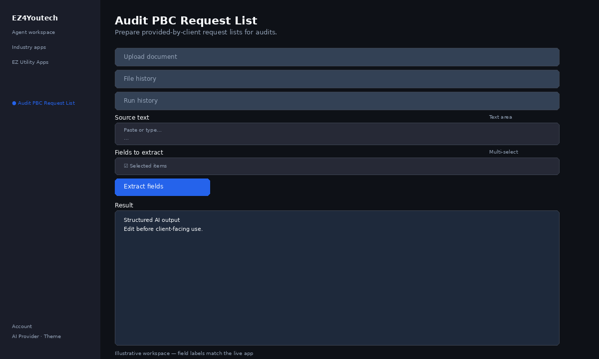 Example workspace for Audit PBC Request List with labeled fields