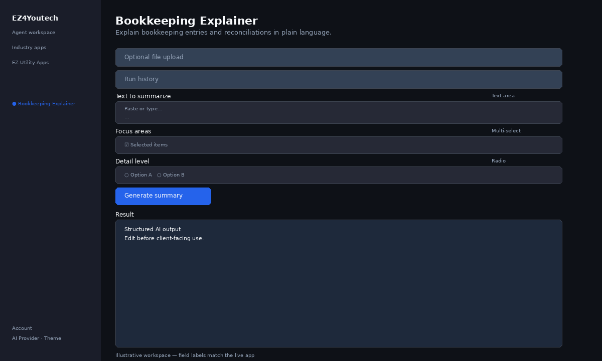 Example workspace for Bookkeeping Explainer with labeled fields