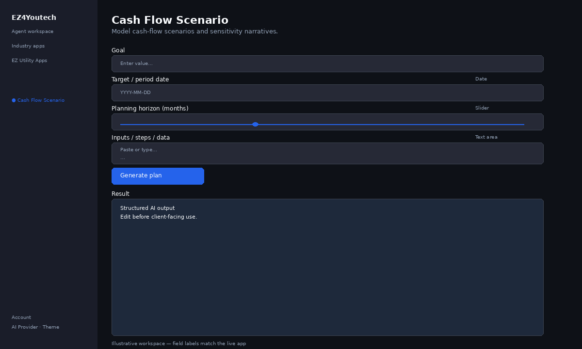 Example workspace for Cash Flow Scenario with labeled fields