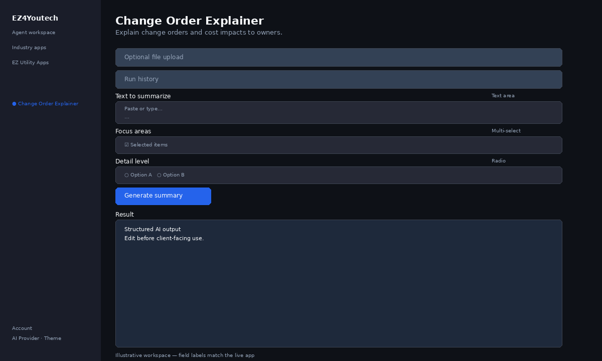Example workspace for Change Order Explainer with labeled fields
