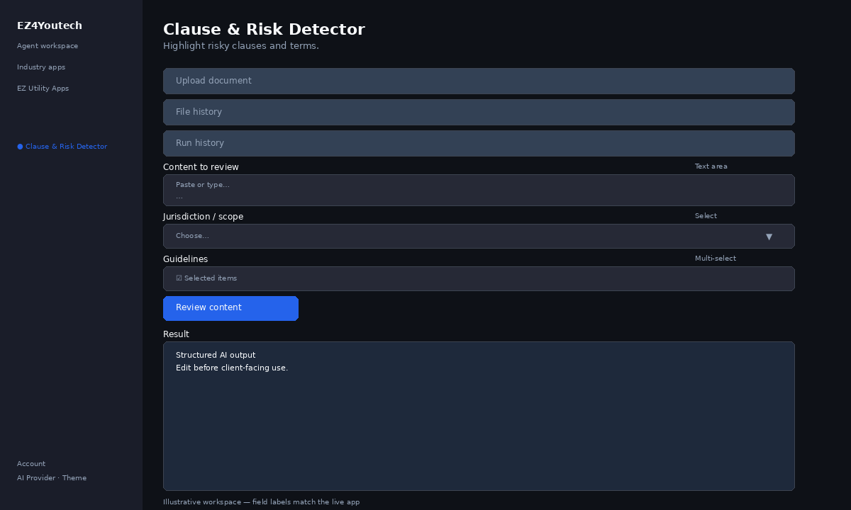 Example workspace for Clause & Risk Detector with labeled fields