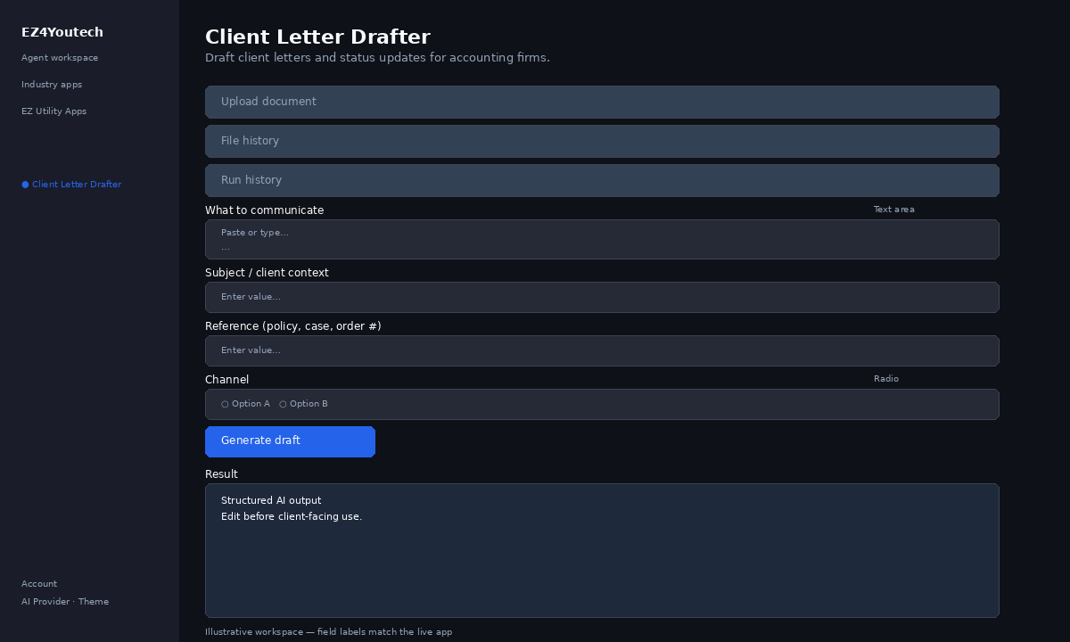 Example workspace for Client Letter Drafter with labeled fields