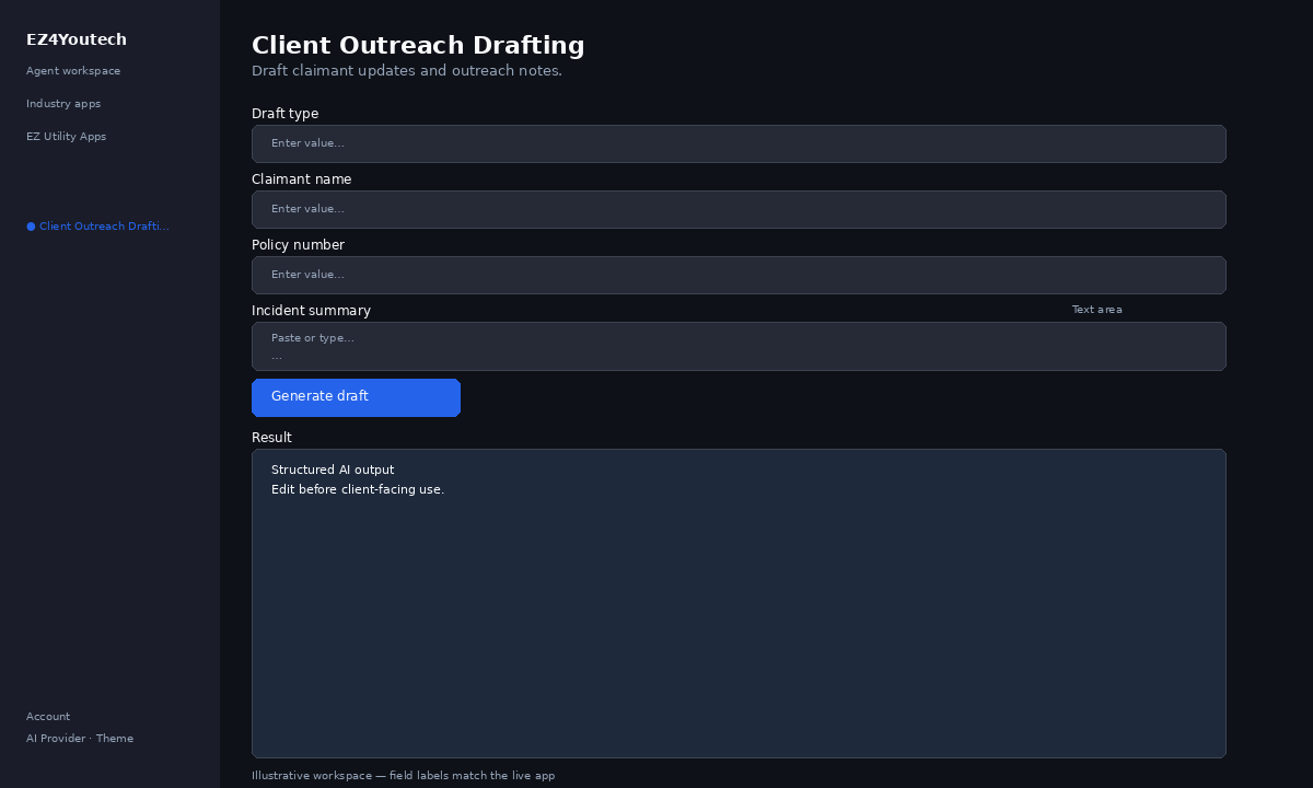 Example workspace for Client Outreach Drafting with labeled fields