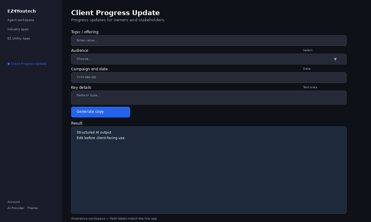 Example workspace for Client Progress Update with labeled fields