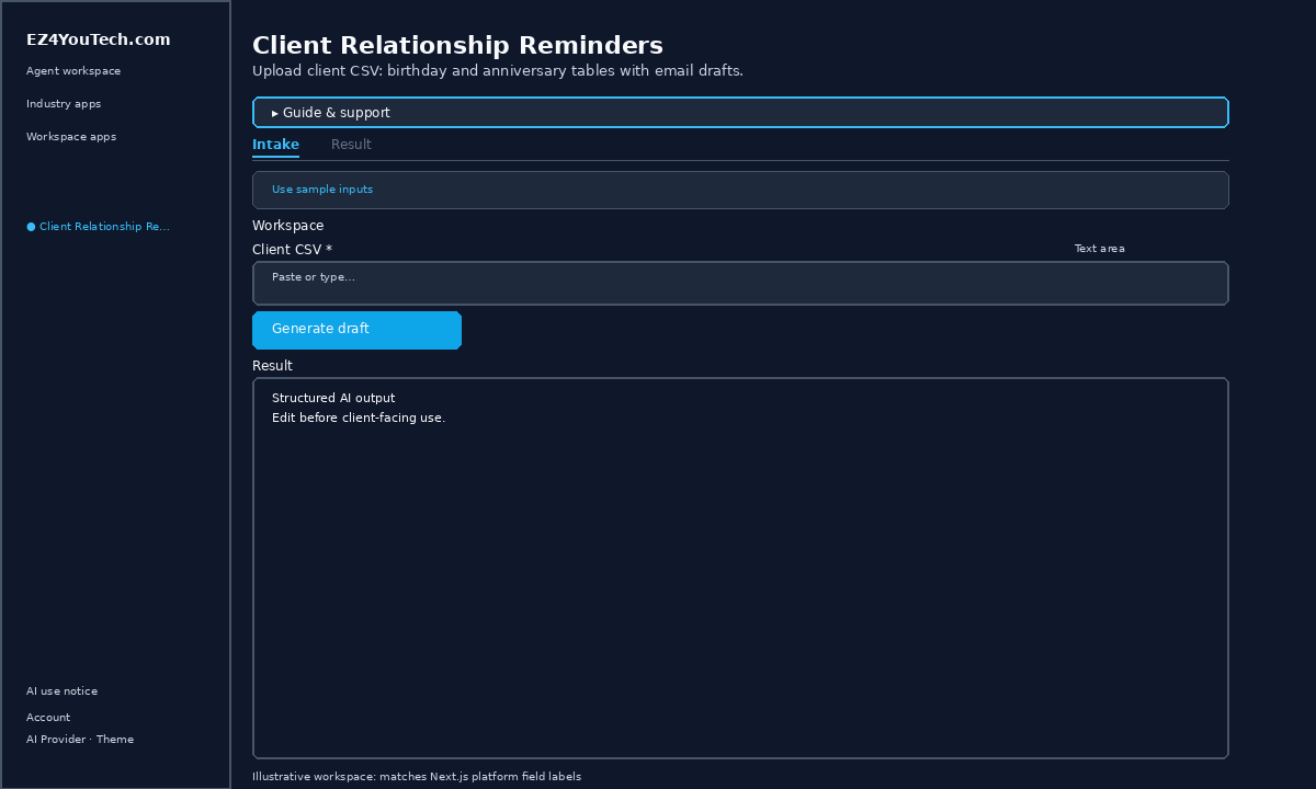 Example workspace for Client Relationship Reminders with labeled fields