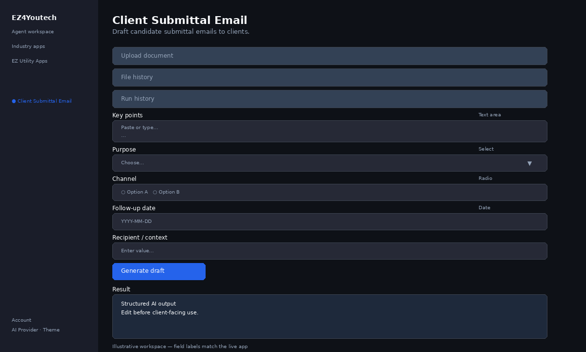 Example workspace for Client Submittal Email with labeled fields