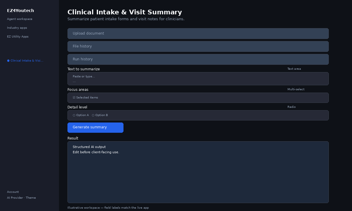 Example workspace for Clinical Intake & Visit Summary with labeled fields