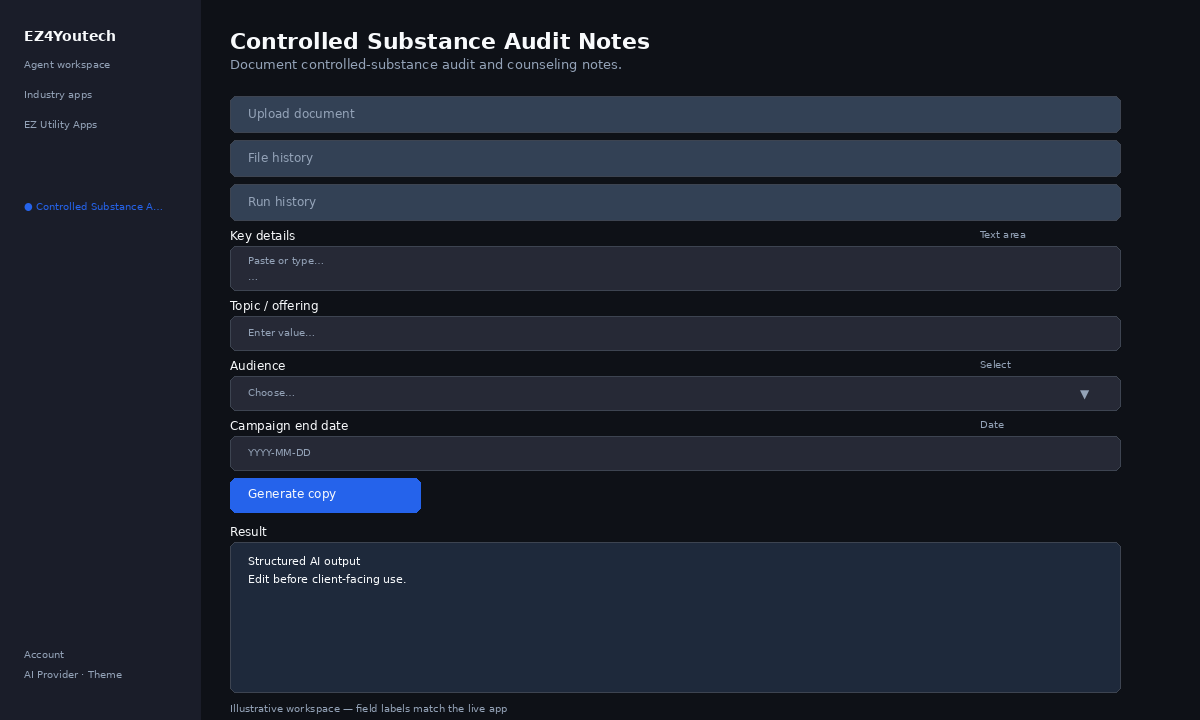 Example workspace for Controlled Substance Audit Notes with labeled fields
