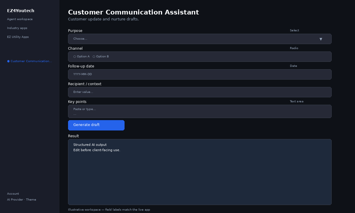 Example workspace for Customer Communication Assistant with labeled fields