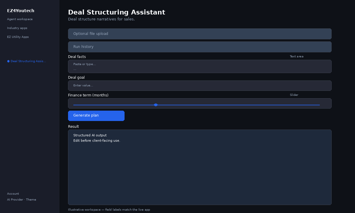 Example workspace for Deal Structuring Assistant with labeled fields
