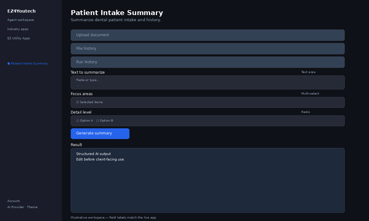 Example workspace for Patient Intake Summary with labeled fields