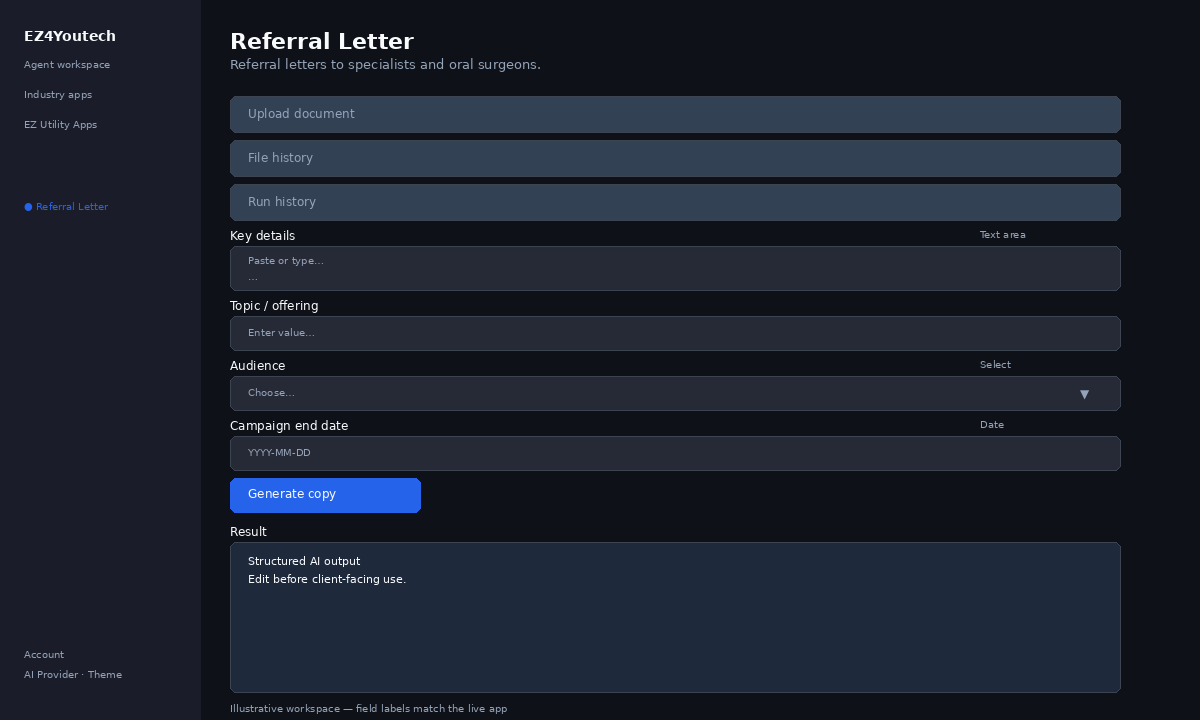 Example workspace for Referral Letter with labeled fields