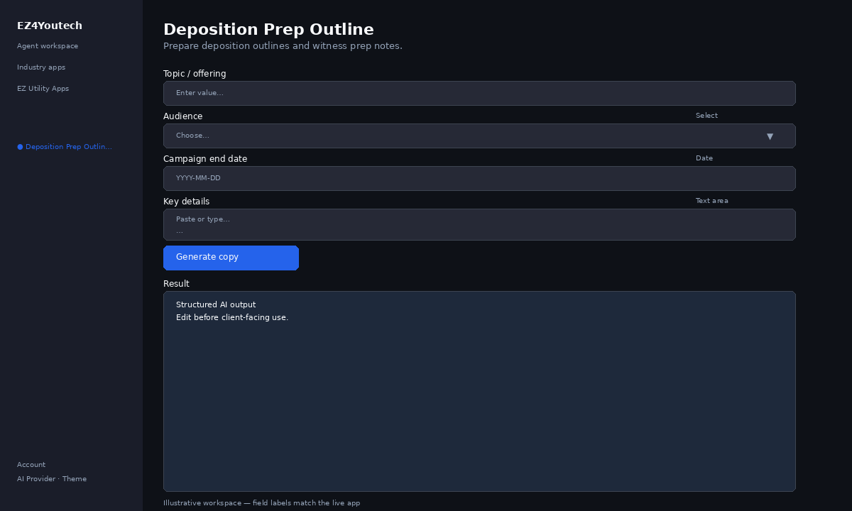 Example workspace for Deposition Prep Outline with labeled fields
