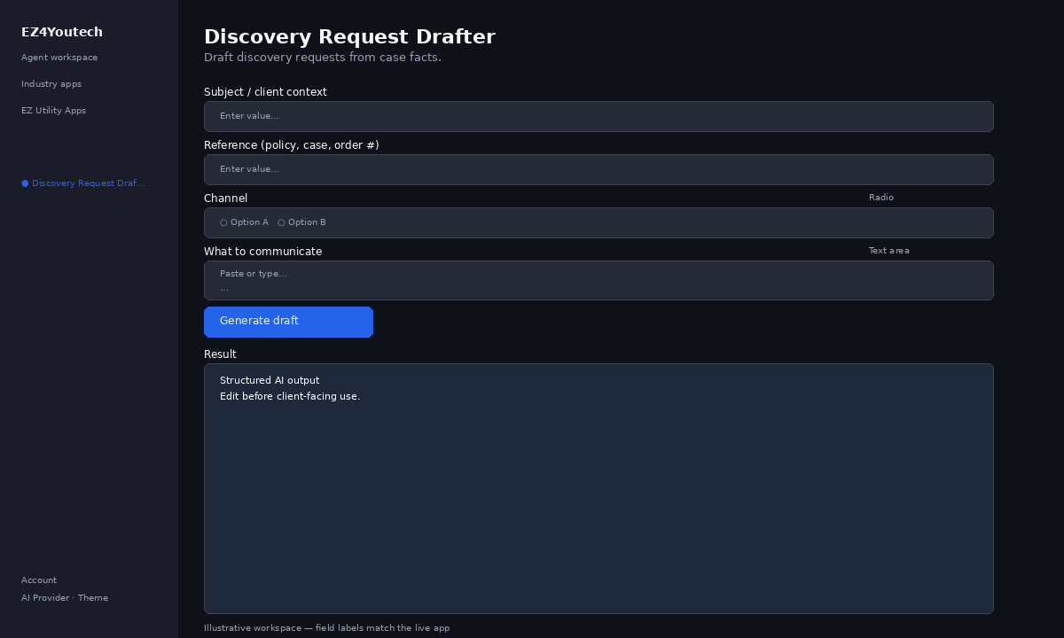 Example workspace for Discovery Request Drafter with labeled fields