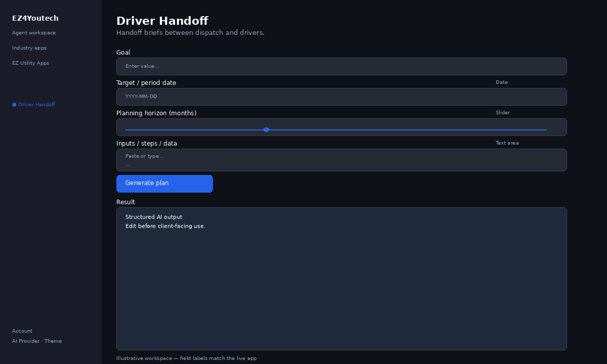 Example workspace for Driver Handoff with labeled fields