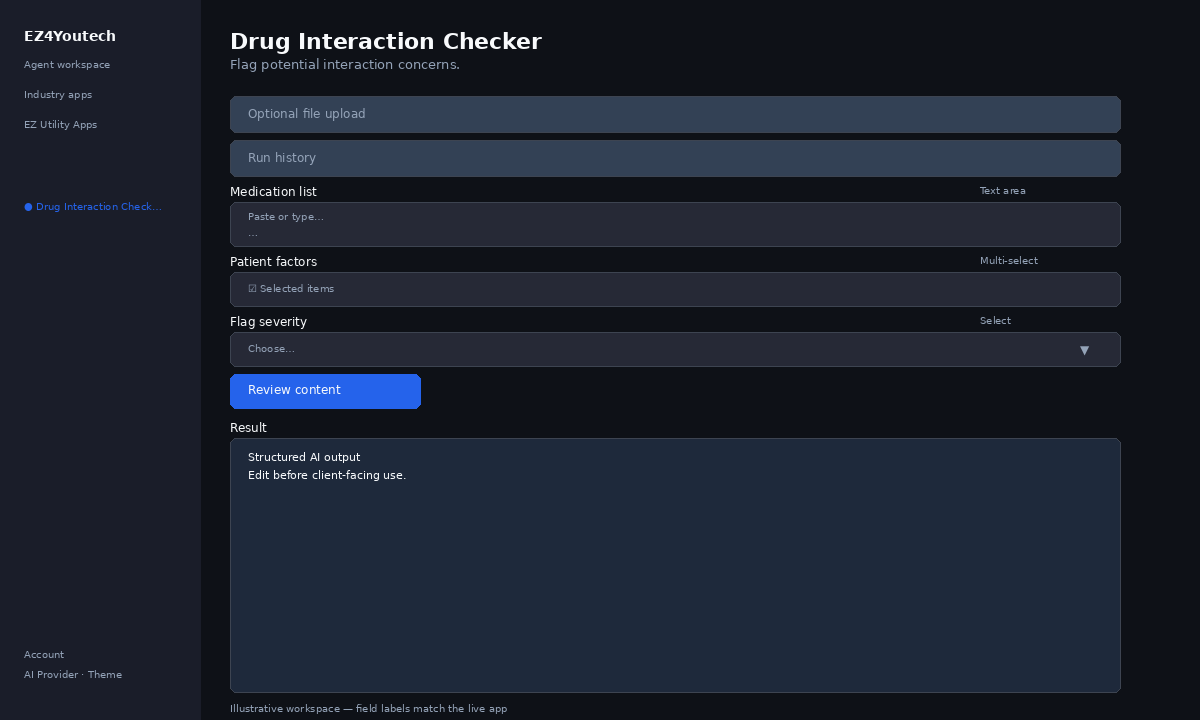 Example workspace for Drug Interaction Checker with labeled fields
