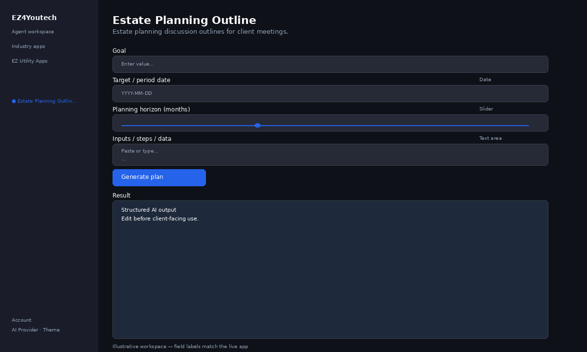 Example workspace for Estate Planning Outline with labeled fields