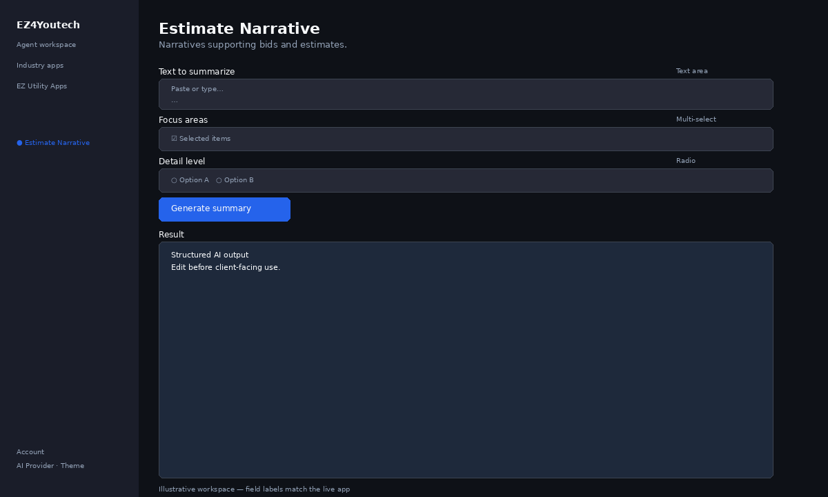 Example workspace for Estimate Narrative with labeled fields