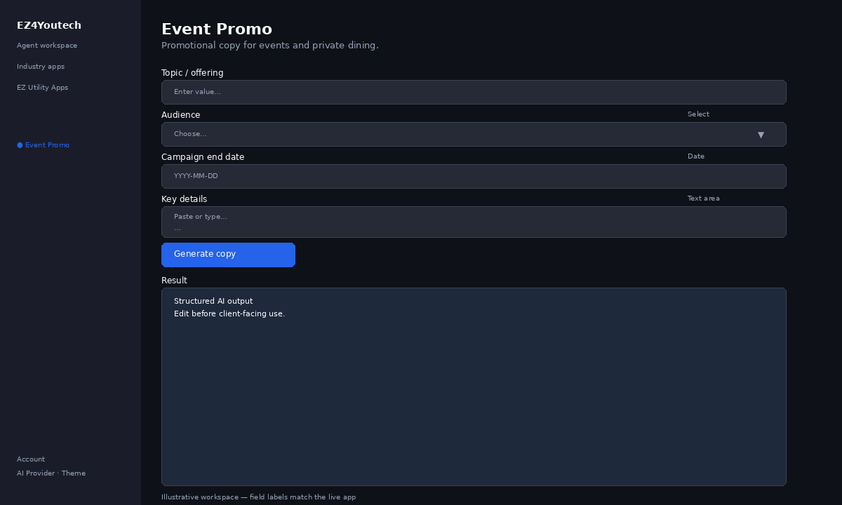 Example workspace for Event Promo with labeled fields