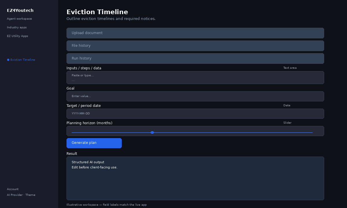 Example workspace for Eviction Timeline with labeled fields