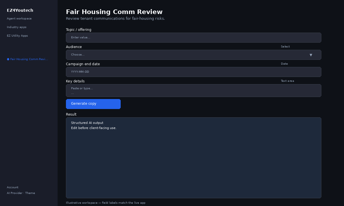 Example workspace for Fair Housing Comm Review with labeled fields