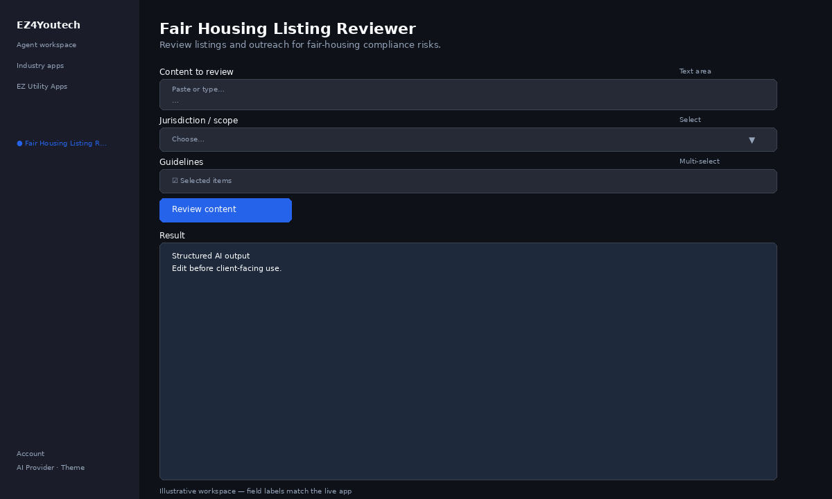 Example workspace for Fair Housing Listing Reviewer with labeled fields