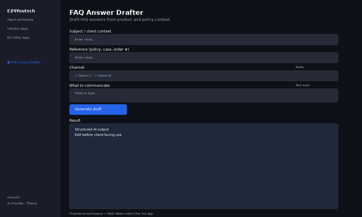 Example workspace for FAQ Answer Drafter with labeled fields