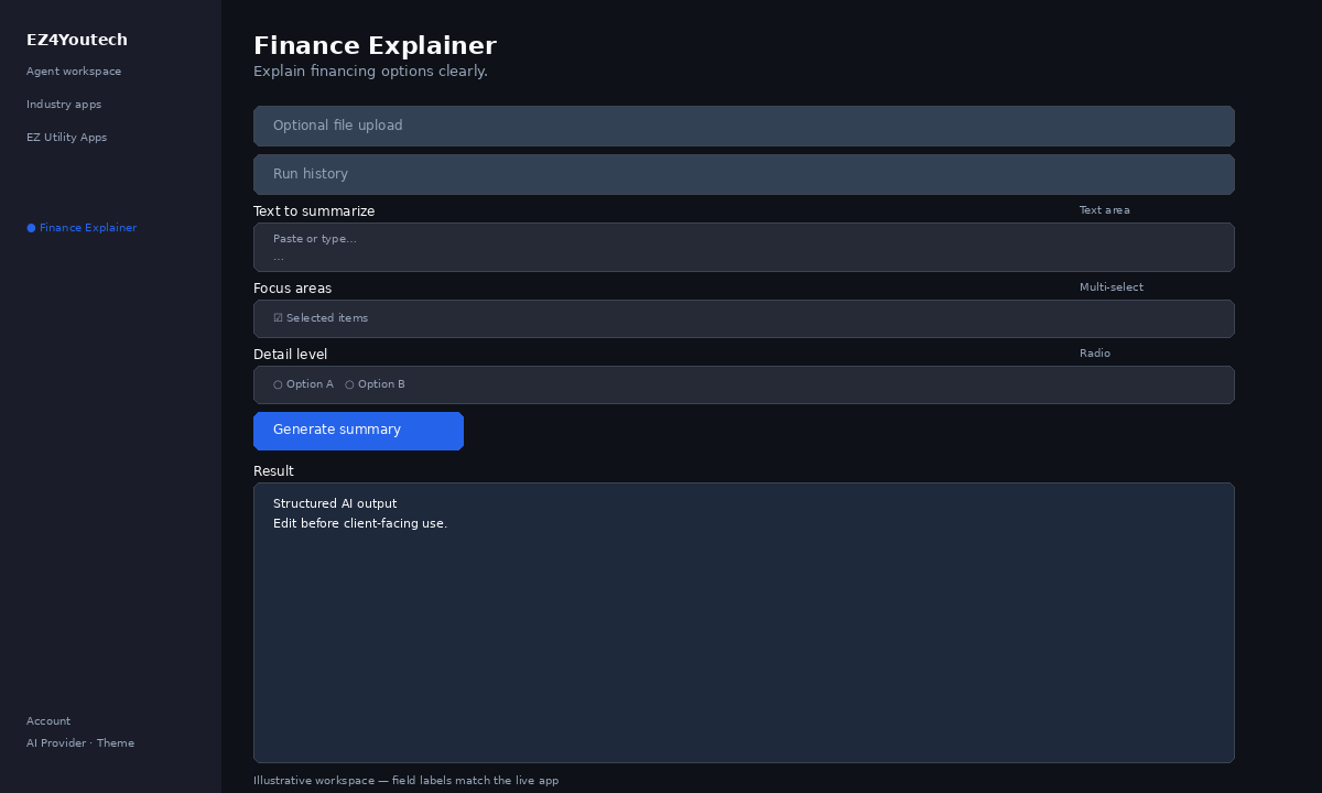 Example workspace for Finance Explainer with labeled fields