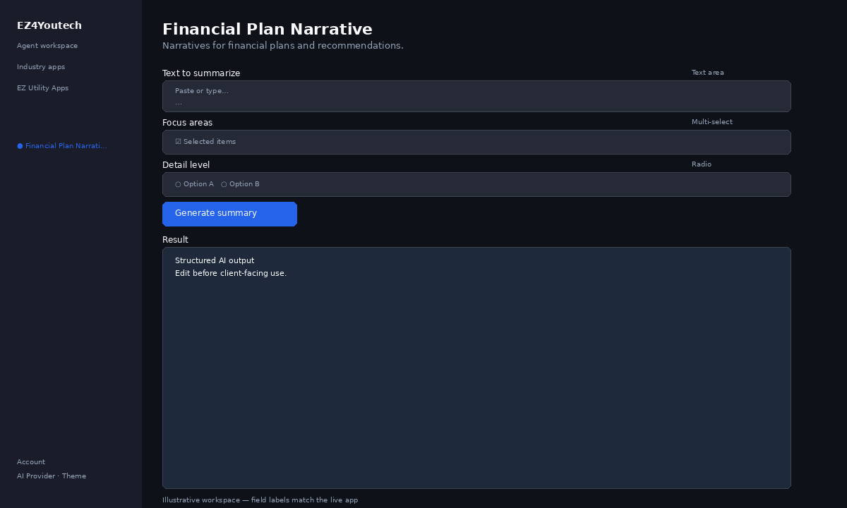 Example workspace for Financial Plan Narrative with labeled fields