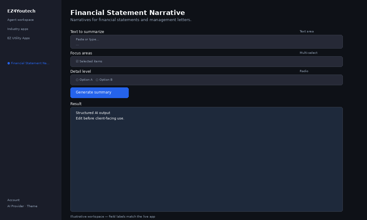Example workspace for Financial Statement Narrative with labeled fields