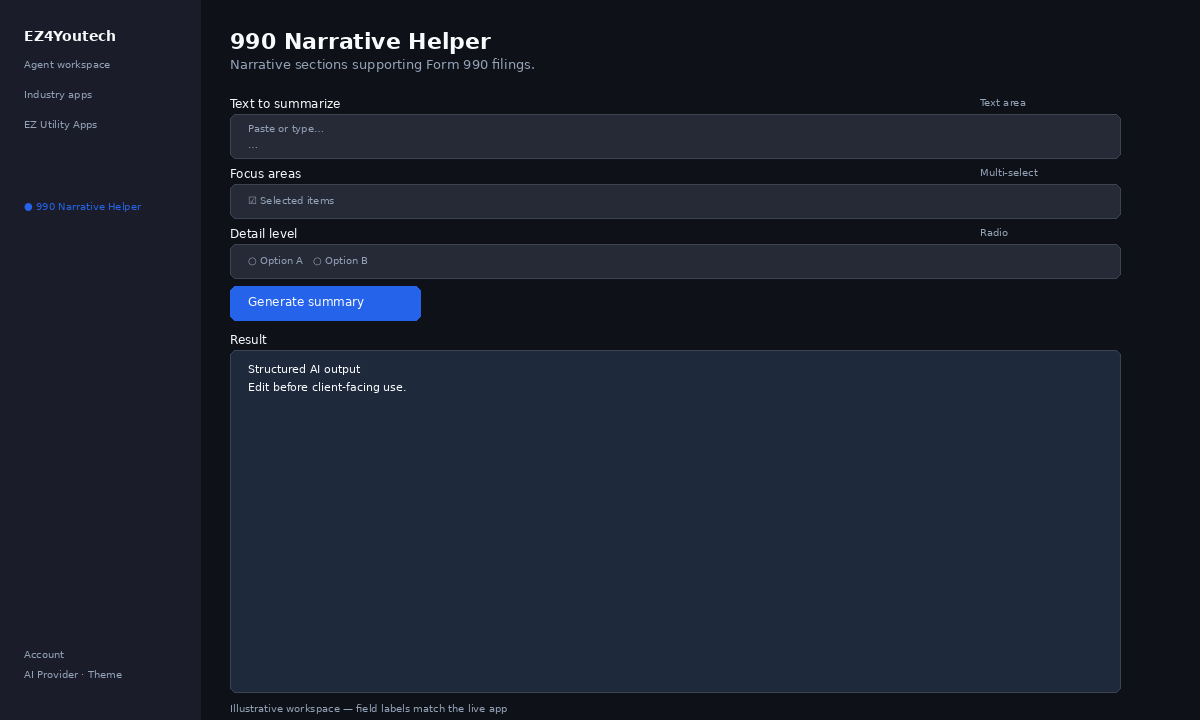 Example workspace for 990 Narrative Helper with labeled fields