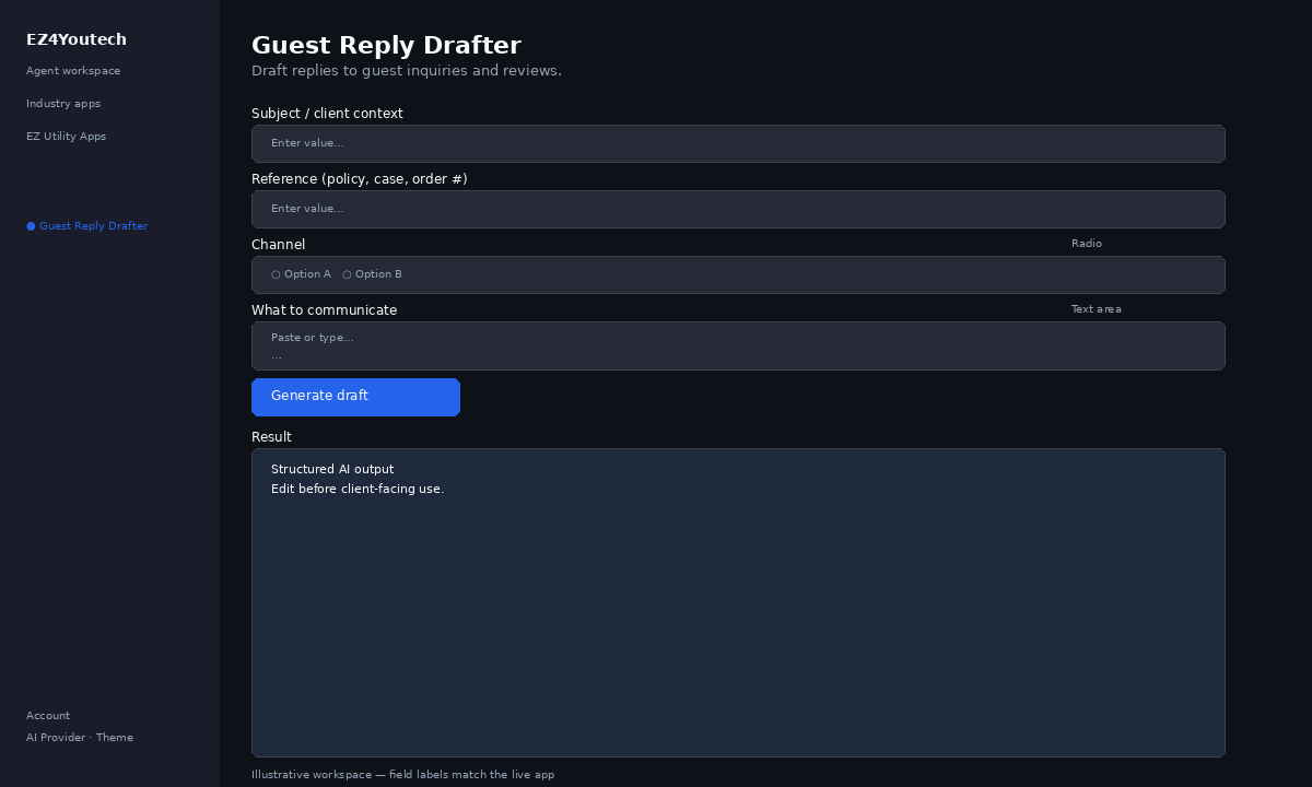 Example workspace for Guest Reply Drafter with labeled fields