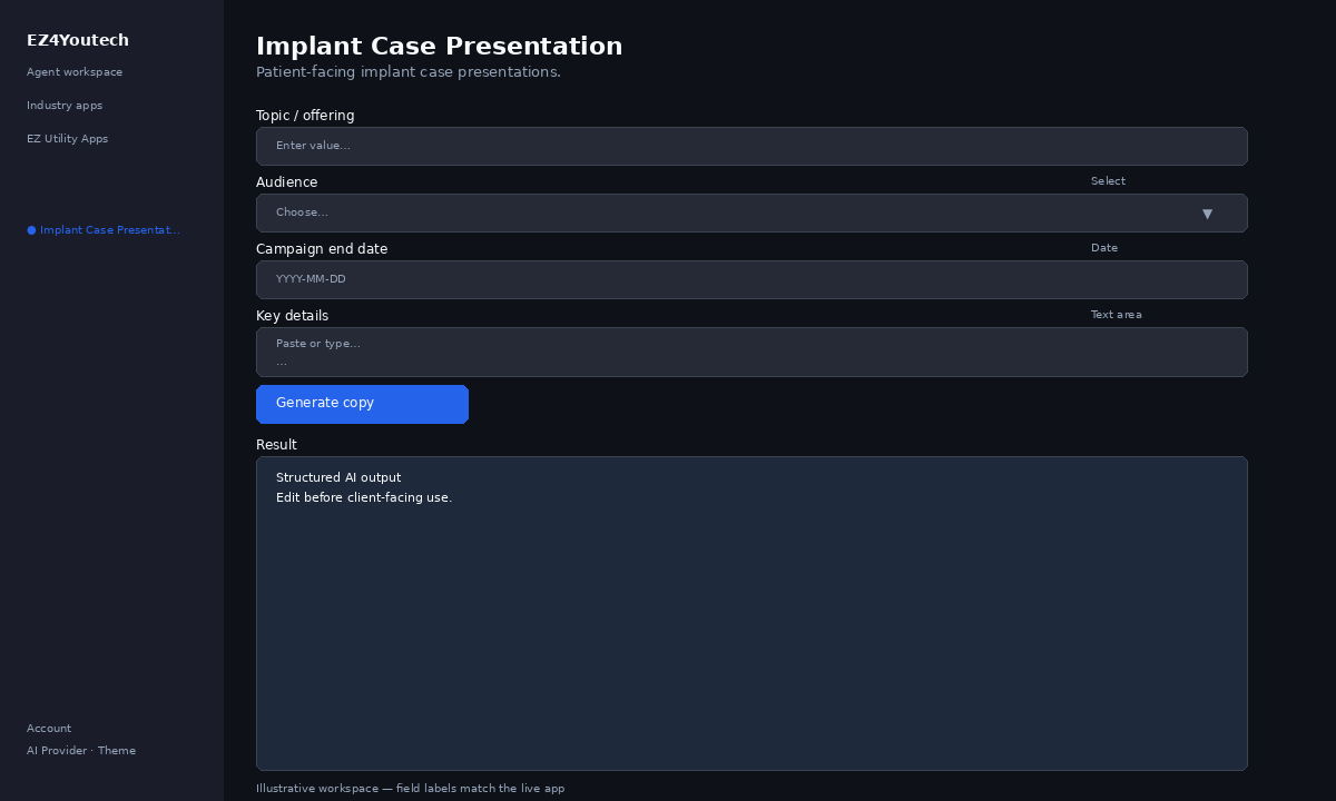 Example workspace for Implant Case Presentation with labeled fields