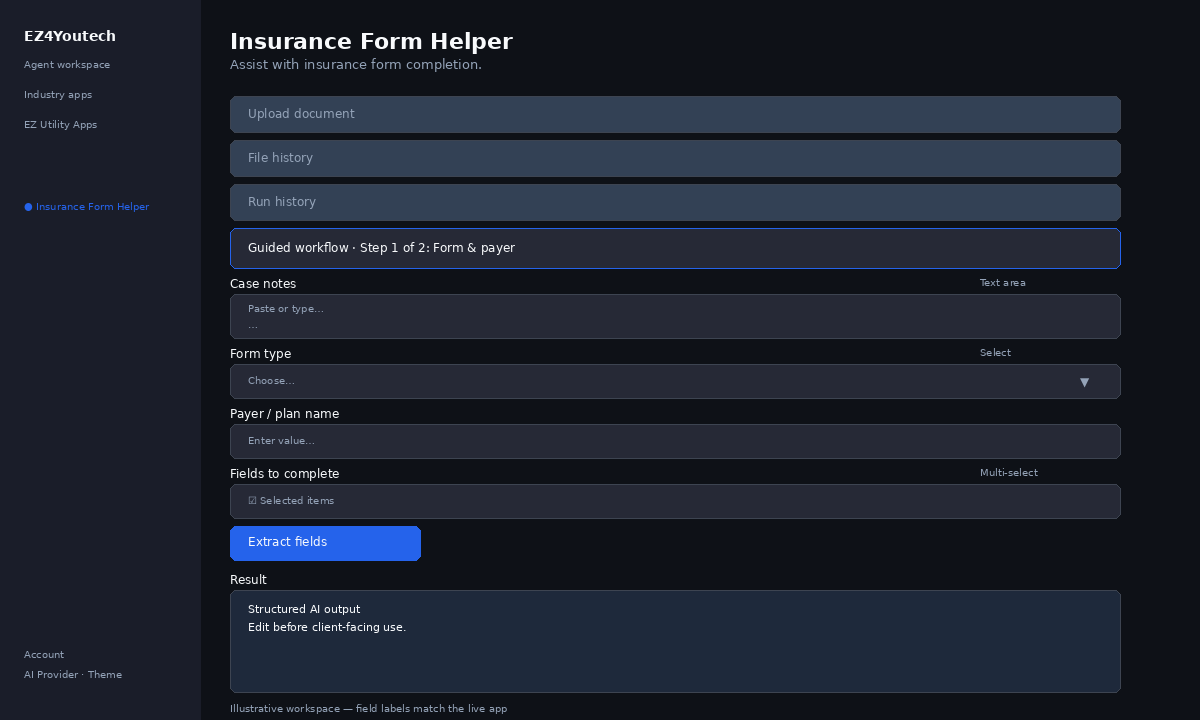 Example workspace for Insurance Form Helper with labeled fields