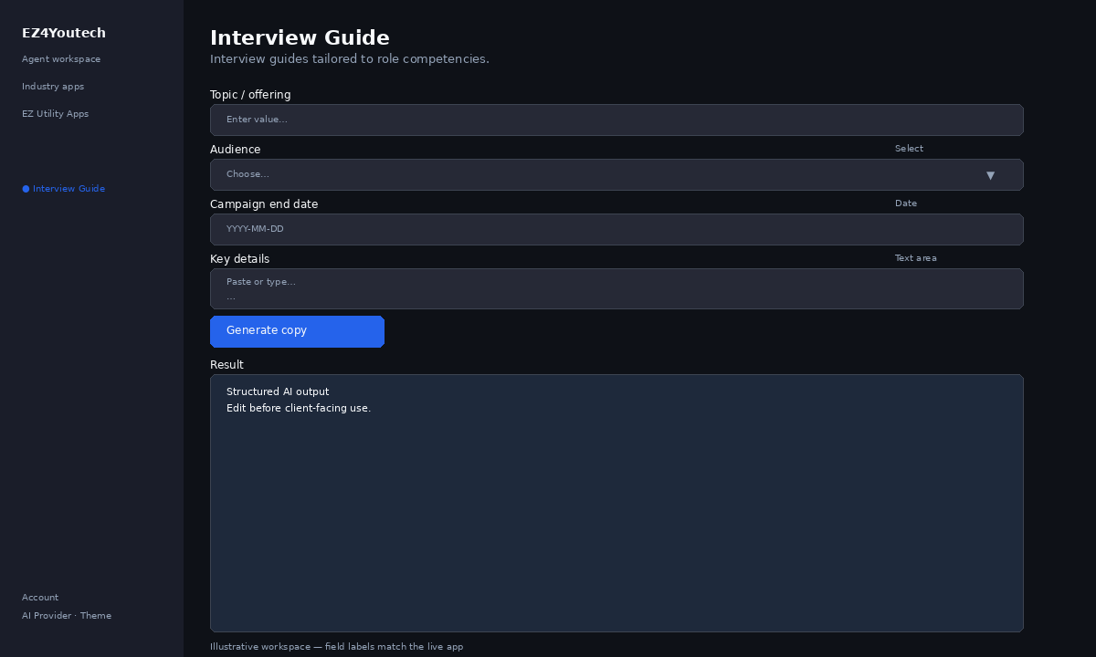 Example workspace for Interview Guide with labeled fields