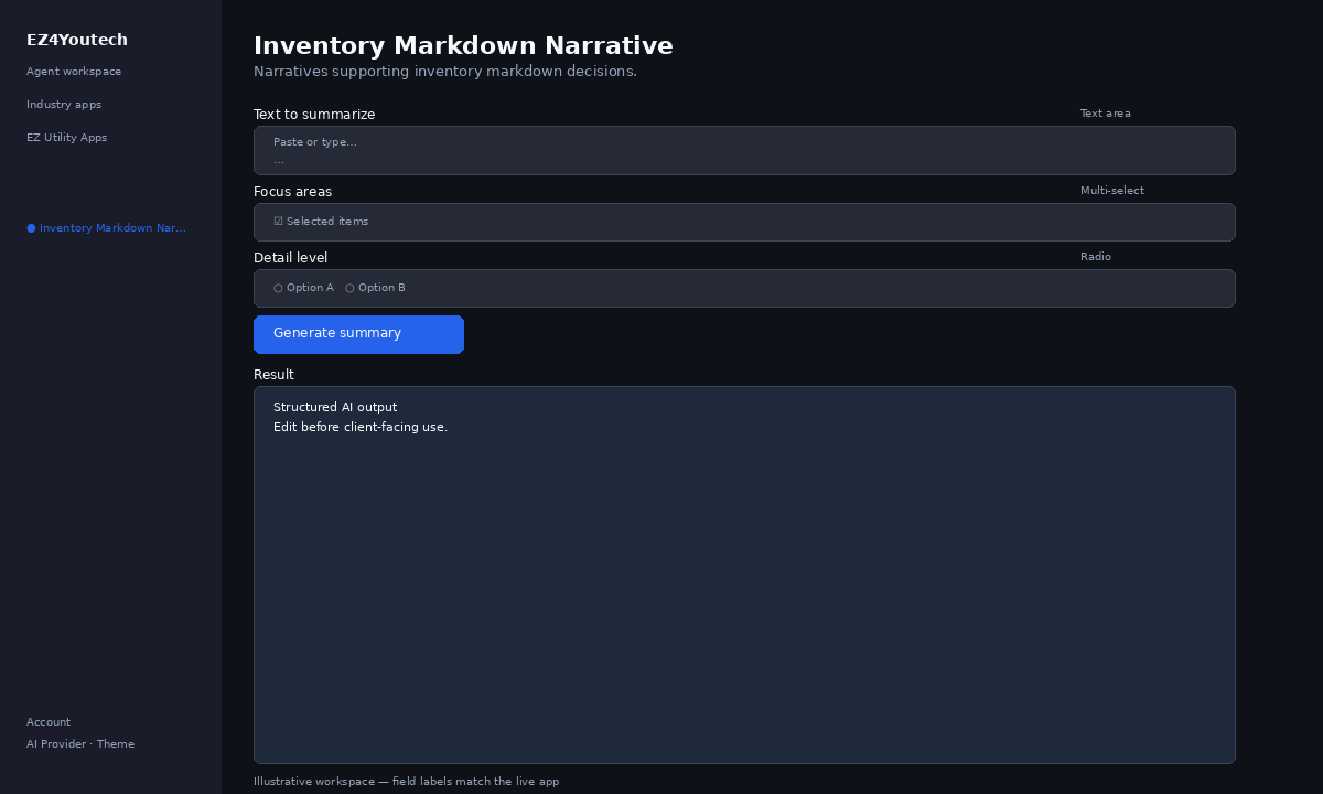 Example workspace for Inventory Markdown Narrative with labeled fields