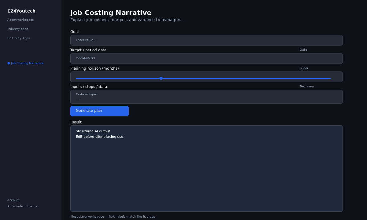 Example workspace for Job Costing Narrative with labeled fields