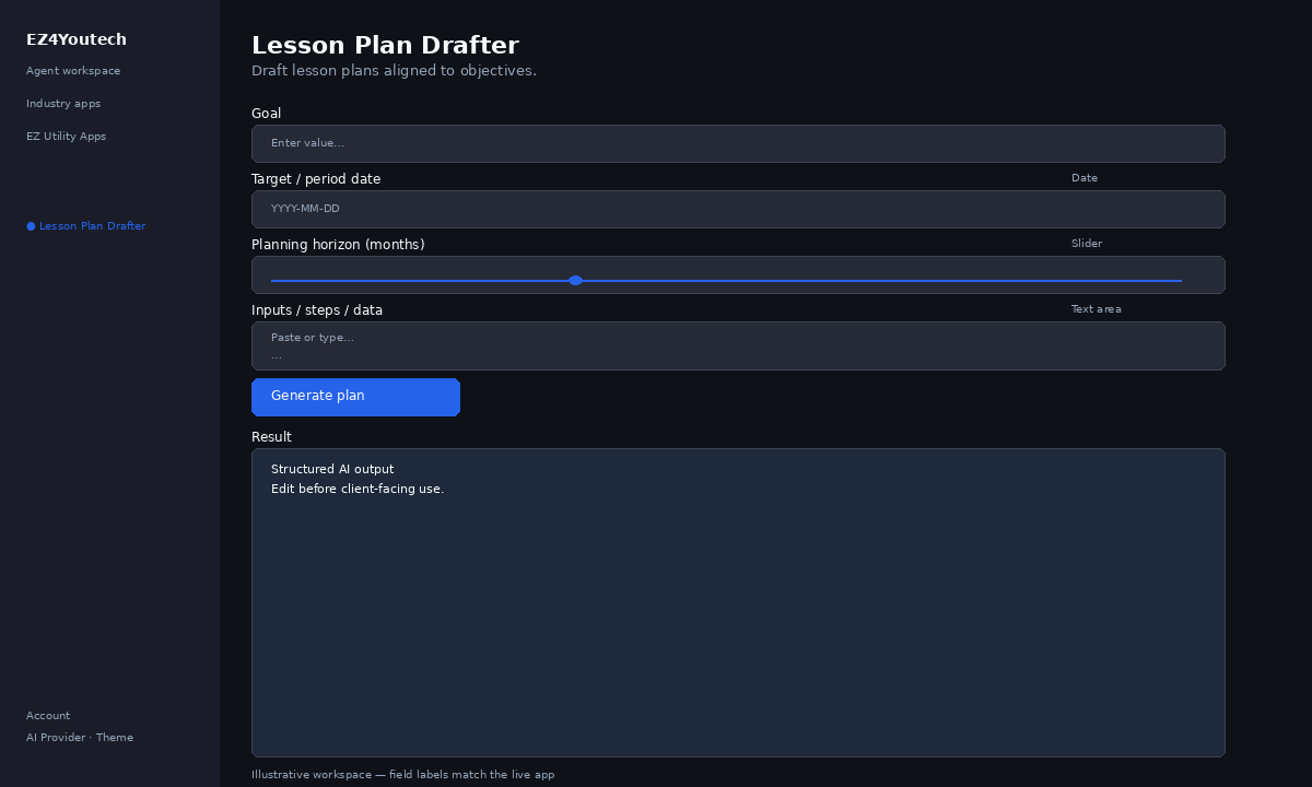 Example workspace for Lesson Plan Drafter with labeled fields