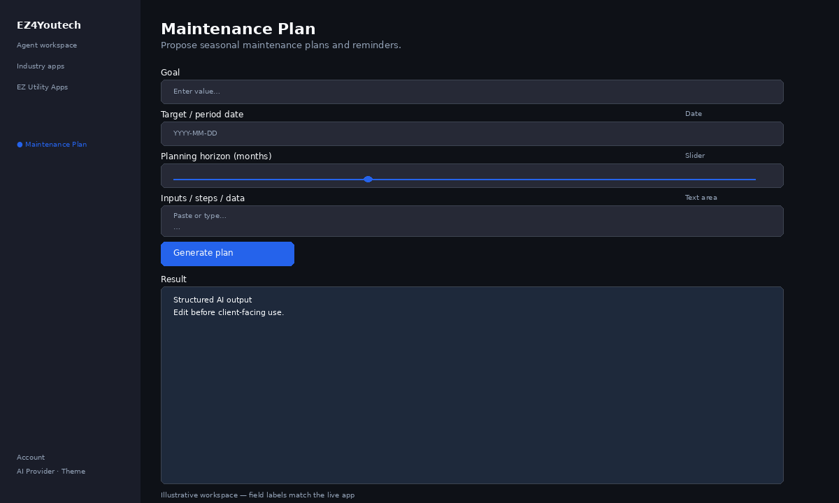 Example workspace for Maintenance Plan with labeled fields